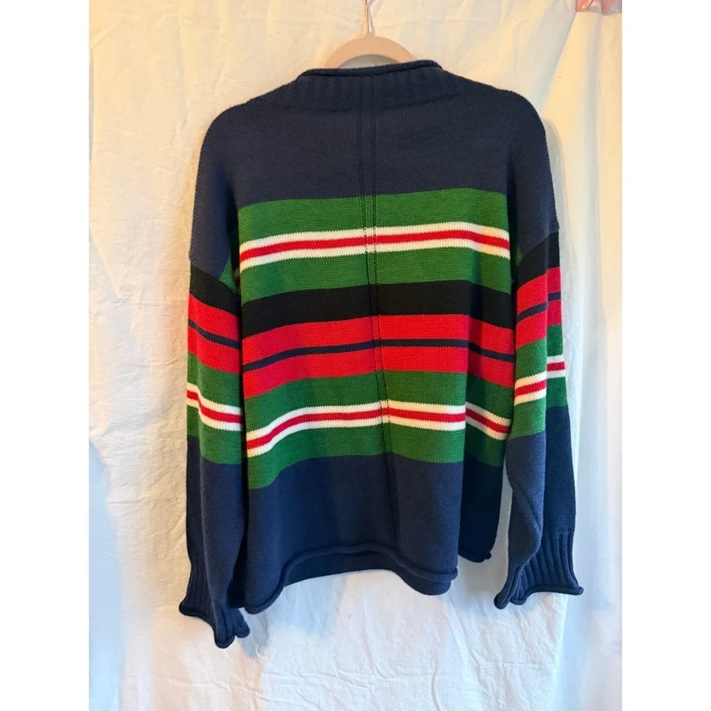 Vintage Style Chunky Knit Striped Sweater Navy Green Red Mock Neck Oversized L‎
